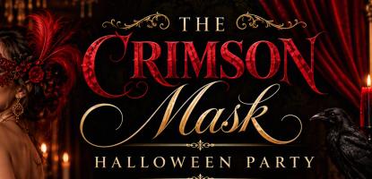 Man and woman in black and red masquerade with title Crimson Mask