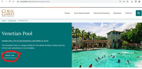 Screenshot of Venetian Pool webpage. The button called "Book Now" is circled in red.