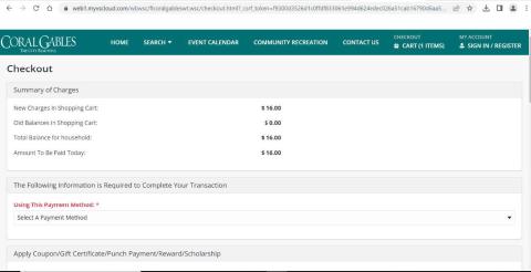 Screenshot. Checkout screen. Select Payment Method is a dropdown menu.