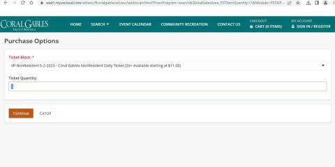 Screenshot of the Purchase Options Screen. There is a text field called "Ticket Quantity" highlighted.