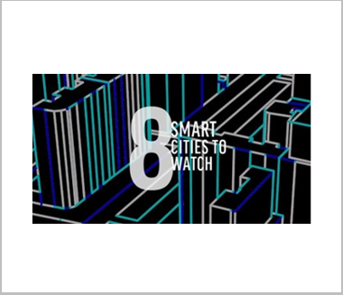 background of outlines of buildings with 8 smart cities to watch in white