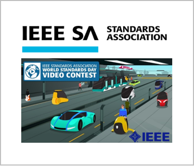 Cartoon race car going down a track with label of company logo and video contest banner