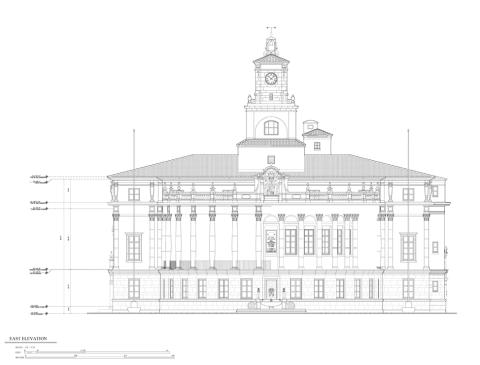 Front design outline of Coral Gables City Hall with short descriptions of mediterranean features