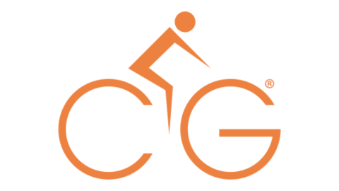 Orange stick figure riding bicycle where wheels are letters spell 'CG'