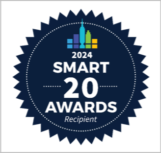 Blue Emblem with mini buildings logo and award text