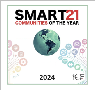 In a white square the Earth is centered. On both sides are colored bubbles with a technology graphic Communities of the Yea