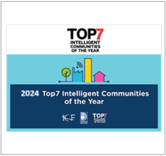 Graphic of Top 7 Intelligent Community with little buildings and houses 