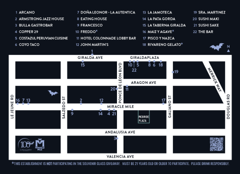 llustrated map of downtown Coral Gables showing locations for the 2025 “Drink or Treat” event along Giralda Avenue, Miracle Mile, and nearby streets.