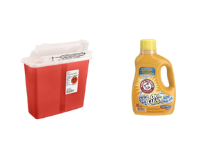 red hazard waste disposal box and on the right a yellow oxi clean laundry detergent bottle