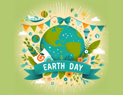 Graphic of Earth Day with world and flowers and light in the background