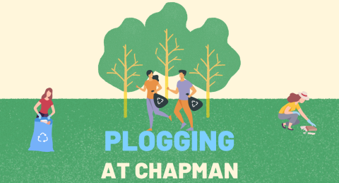 Graphic of people cleaning up on grass with title: plogging at chapman
