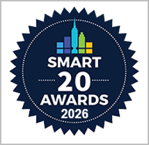 Logo, blue circle with ridges and in the center buildings and text, for Smart 20 Awards 2026