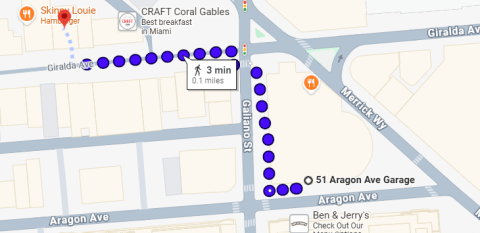 Google map showing the blue dotted walk from Garage 6 to Giralda Plaza