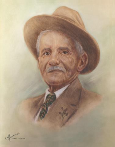 P.E. Montanus portrait in brown suit and hat