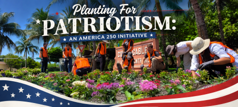 people in orange vests planting on sunny day with American flag graphic at bottom