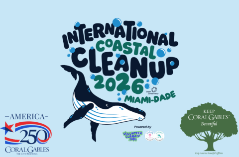 Light blue International Coastal Cleanup flyer with humpback whale and Coral Gables logos