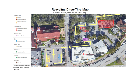 Recycling Drive through station map, with green, purple and orange symbols denoting recycling, clothes, and plastic