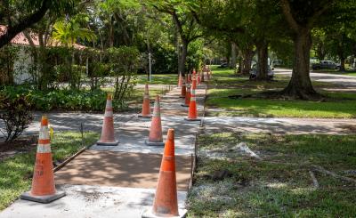 Sidewalks under repair with cones