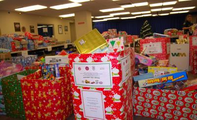 Donation boxes full of toys at Fire Department toy drive