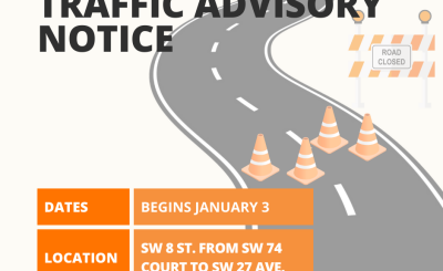 Traffic advisory notice for SW 8th Street from SW 74th Court to SW 27th Avenue