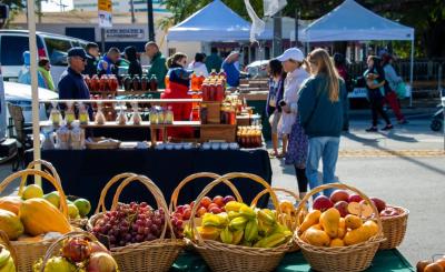 Produce and food products for sale at farmers market