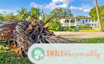 Swale Responsibly logo in front of a pile of dried palm leaves on a swale