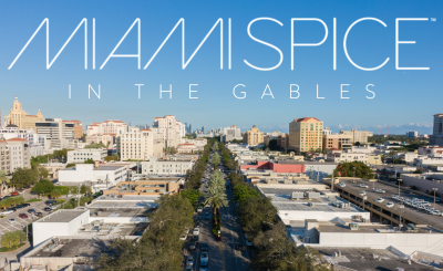 "Miami Spice in the Gables" over a drone shot looking over Miracle mile