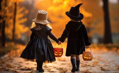 The backs of two dressed in black costumes, hold hands, and carry pumpkin buckets. They are walking over crunchy leaves into an autumnal sunset.