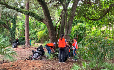 Two adults and one child in orange vests remove plants from around a tree. They are surrounded by brown leaves and green vegetation