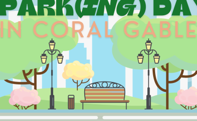 Illustration of a park with a bench and two lampposts, green trees in the background 