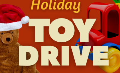 Teddy bear wearing a santa hat and a toy truck in a red background with text explaining toy drive
