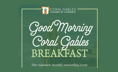 Green background with faded Biltmore hotel, text reads Good Morning Coral Gables Breakfast