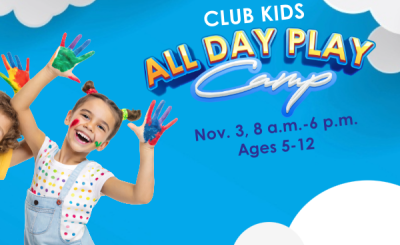 Two smiling children with painted hands against a bright blue sky with clouds promote Club Kids Teacher’s Planning Day Camp for ages 5–12.