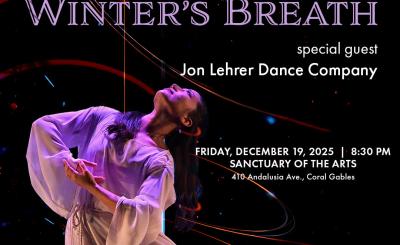 Woman dancing in black background with event titles