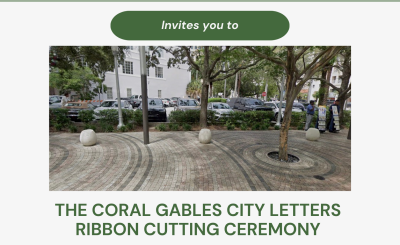 Flyer for Letters unveiling ribbon cutting with photo of Giralda Plaza