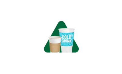 Paper and plastic cup with green triangle behind cups
