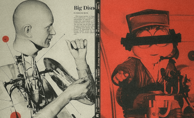 White and red poster with ink images