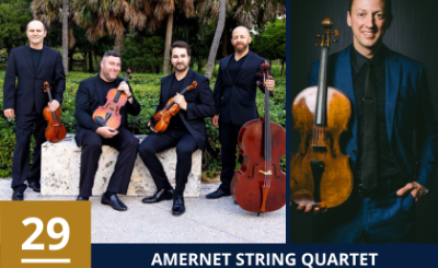 Amernet string orchestra pose with instruments outside with palm trees in background. On the side, a photo of Luke Fleming
