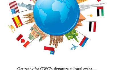 Taste of Carver invitation with graphic of many flags surrounding Earth