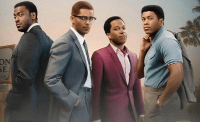 Poster for One Night in Miami film, Malcom X, Muhammad Ali, Jim Brown, and Sam Cooke all sharply dressed with text film + Q&A