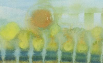 An abstract watercolor scene shows a glowing sun above soft, impressionistic rows of yellow-green trees against a calm blue and green landscape.