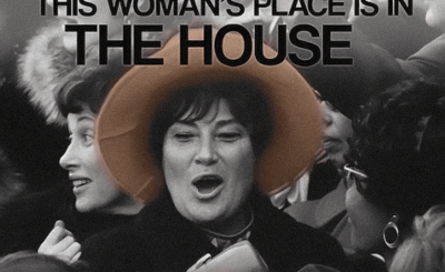 Photo of Bella in pink hat with text over it for the Feb. 22 documentary screening event