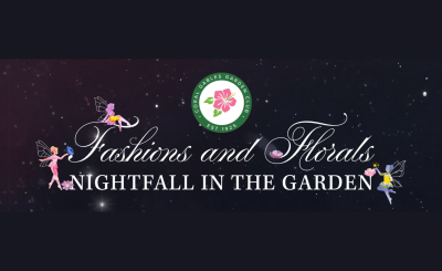 Fairies dance around title text Nightfall in the Garden with stars in the nightsky and the Garden Club logo