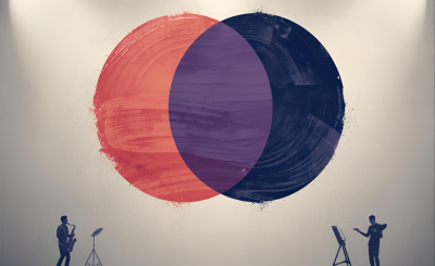 Abstract red and purple circle paintings with silhouette of a musician and painter at the bottom