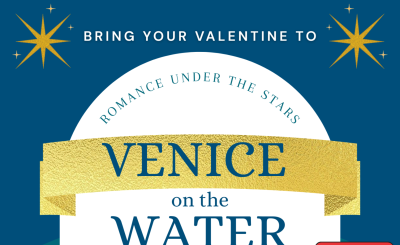Blue background with gold stars graphic and text that reads Bring Your Valentine to Romance Under the Stars Venice on the Water