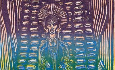 An abstract watercolor scene shows a glowing sun above soft, impressionistic rows of yellow-green trees against a calm blue and green landscape.  A colorful woodcut-style artwork depicts a stylized human figure with a radiant headdress emerging from layered plants and flowing lines in blues, greens, and golds, evoking nature and spiritual connection.