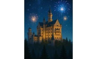 Castle with fireworks in the background of a dark blue and starry night