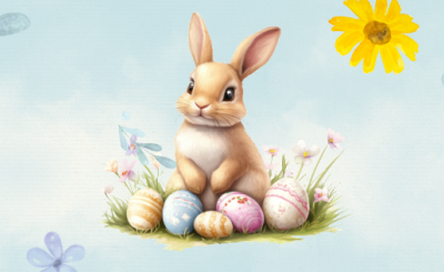 Graphic of Rabbit next to Easter eggs
