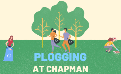 Graphic of people cleaning up on grass with title: plogging at chapman