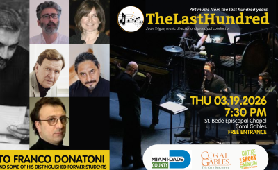 Headshots on flyer with event information